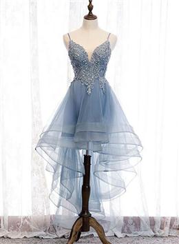 Picture of Blue High Low Tulle V-neckline Straps Party Dresses with Lace, Cute Homecoming Dresses